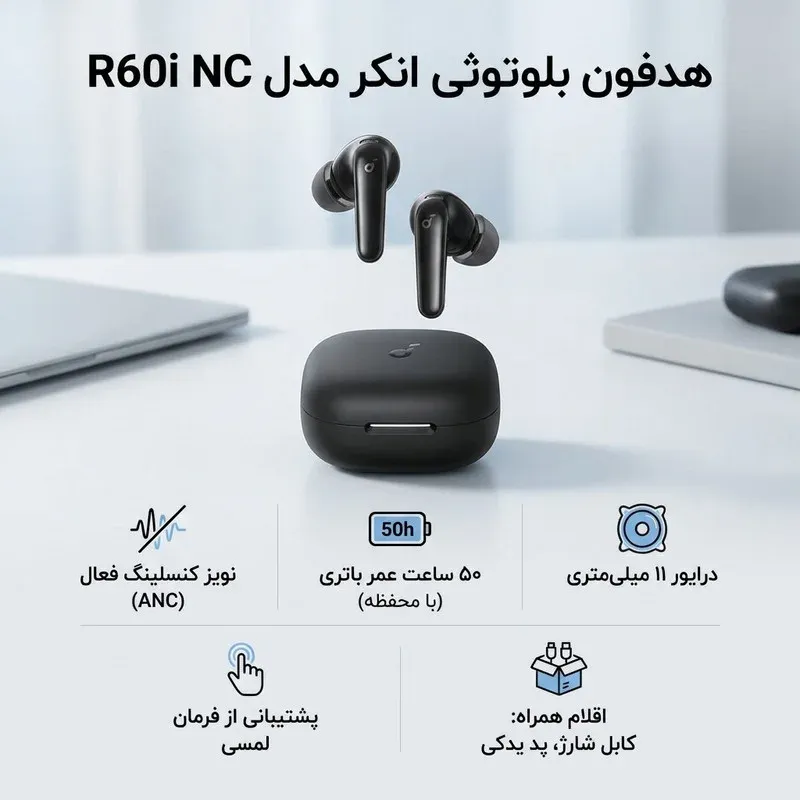 هدفون بلوتوثی انکر مدل R60i NC با نویز کنسلینگ فعال Adaptive ANC، درایور 11 میلی‌متری، پشتیبانی از LDAC و Hi-Res Audio، Spatial Audio، مقاوم در برابر آب و عمر باتری 50 ساعت، تصویر 2
