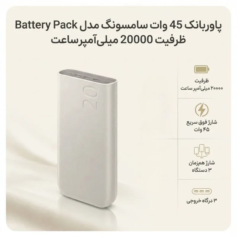 پاوربانک 45 وات سامسونگ مدل Battery Pack EB-P4520 ظرفیت 20000 میلی‌آمپر ساعت، تصویر 2